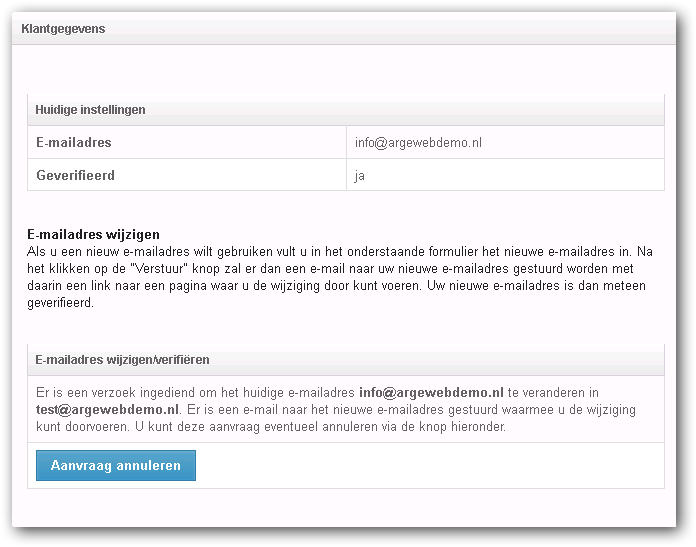 Klantgegevens wijzigen emailadres Argeweb